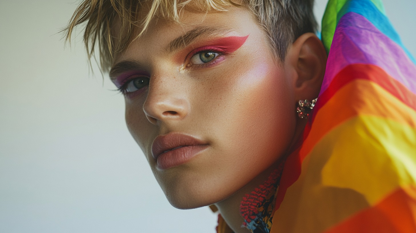 Close-up of a person with bold makeup, wearing a rainbow flag, expressing vibrant self-identity