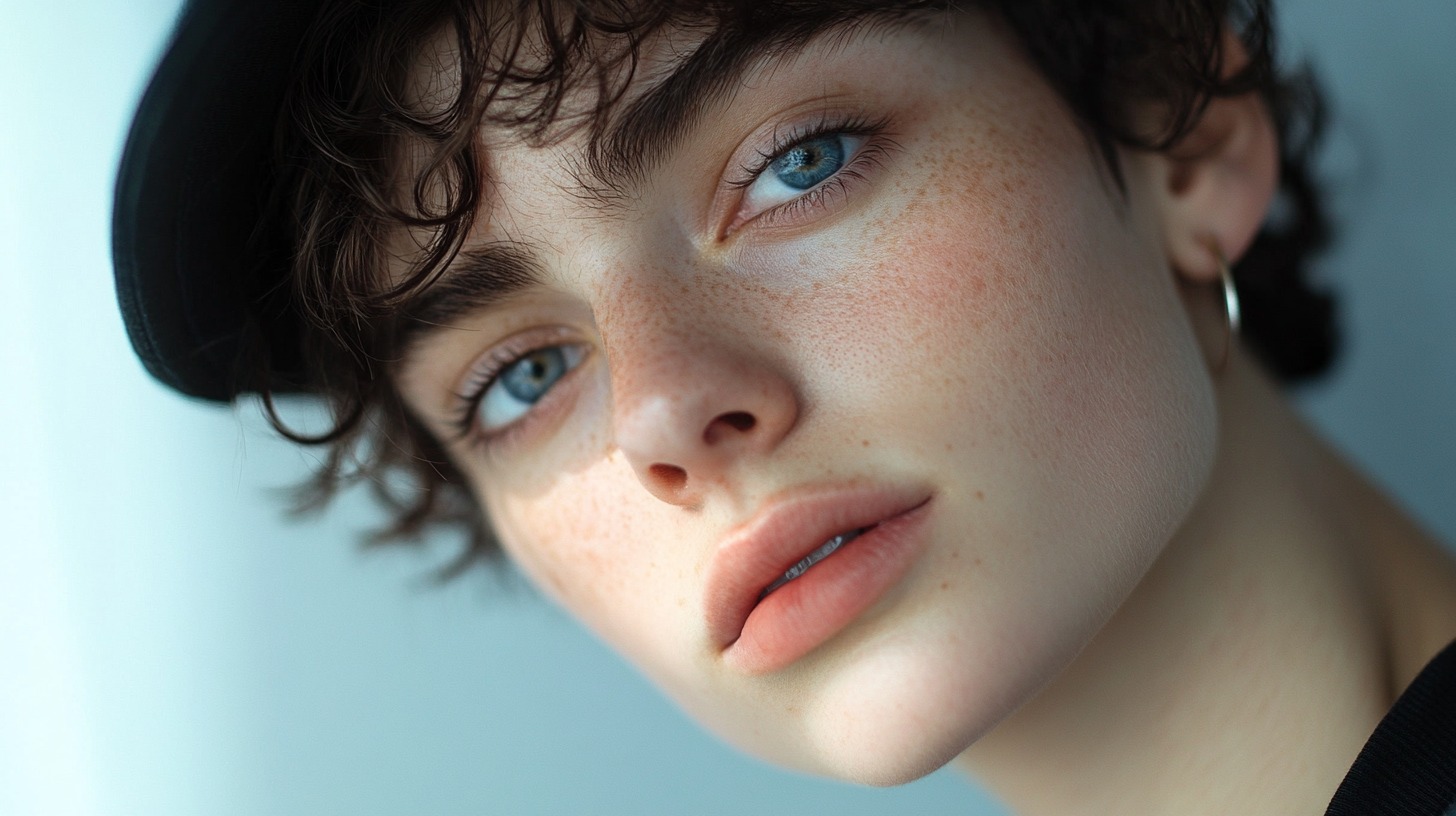 Close-up portrait of a person with blue eyes, freckles, and short curly hair, wearing a black hat and hoop earring