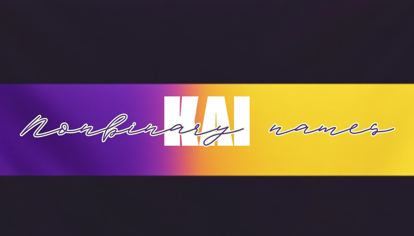 Graphic with the name 'Kai' displayed on a gradient background of purple and yellow, labeled 'Nonbinary names