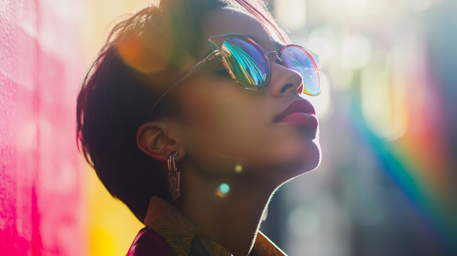 Person wearing rainbow-reflective sunglasses, looking upward with sunlight and vibrant colors in the background