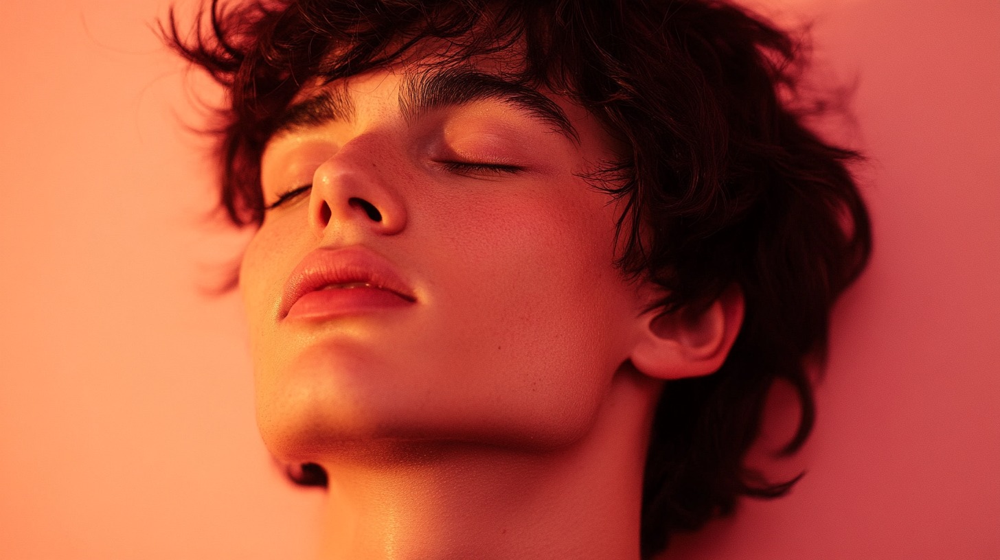 Close-up of a person with closed eyes, illuminated by warm pink lighting, conveying calm and introspection