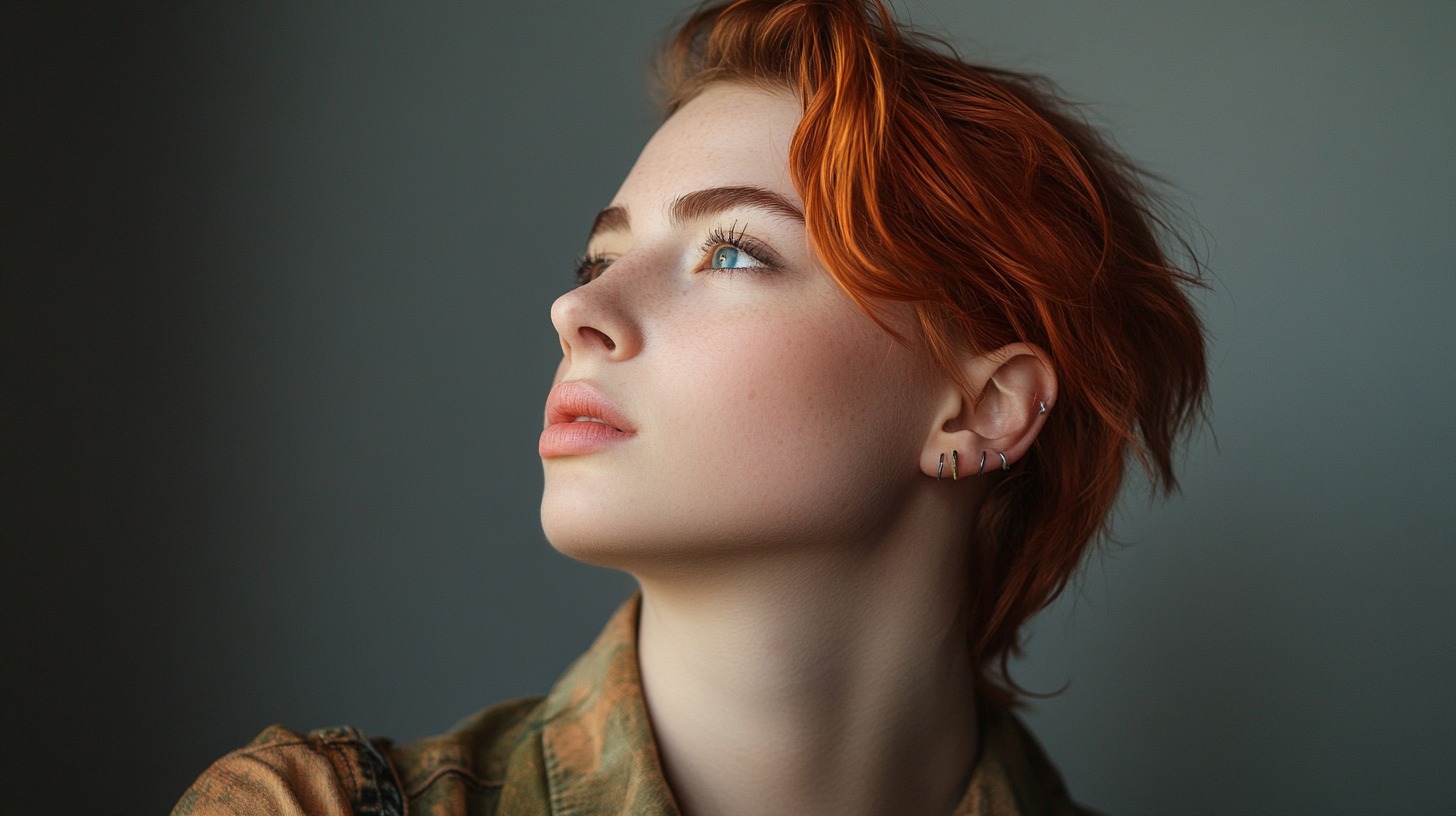 Profile view of a person with short red hair, multiple ear piercings, and soft freckles, gazing upwards