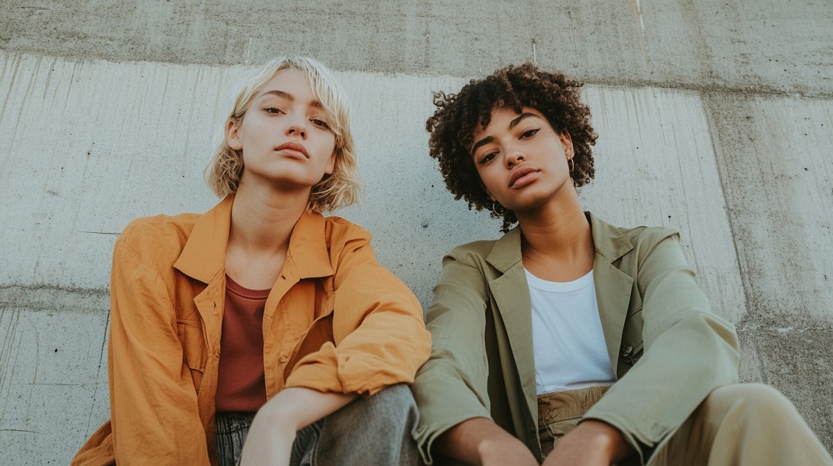 Two young individuals with androgynous appearances sitting against a concrete wall, dressed in stylish outfits