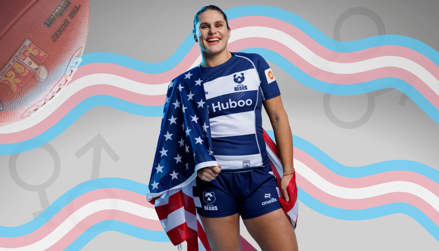 Athlete in a blue and white jersey smiling confidently, draped with an American flag, with a background featuring gender symbols and vibrant stripes