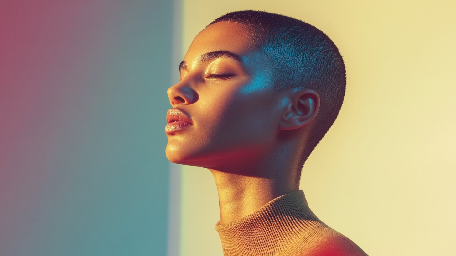 A portrait of a person with a shaved head, closed eyes, and warm-toned lighting reflecting on their face