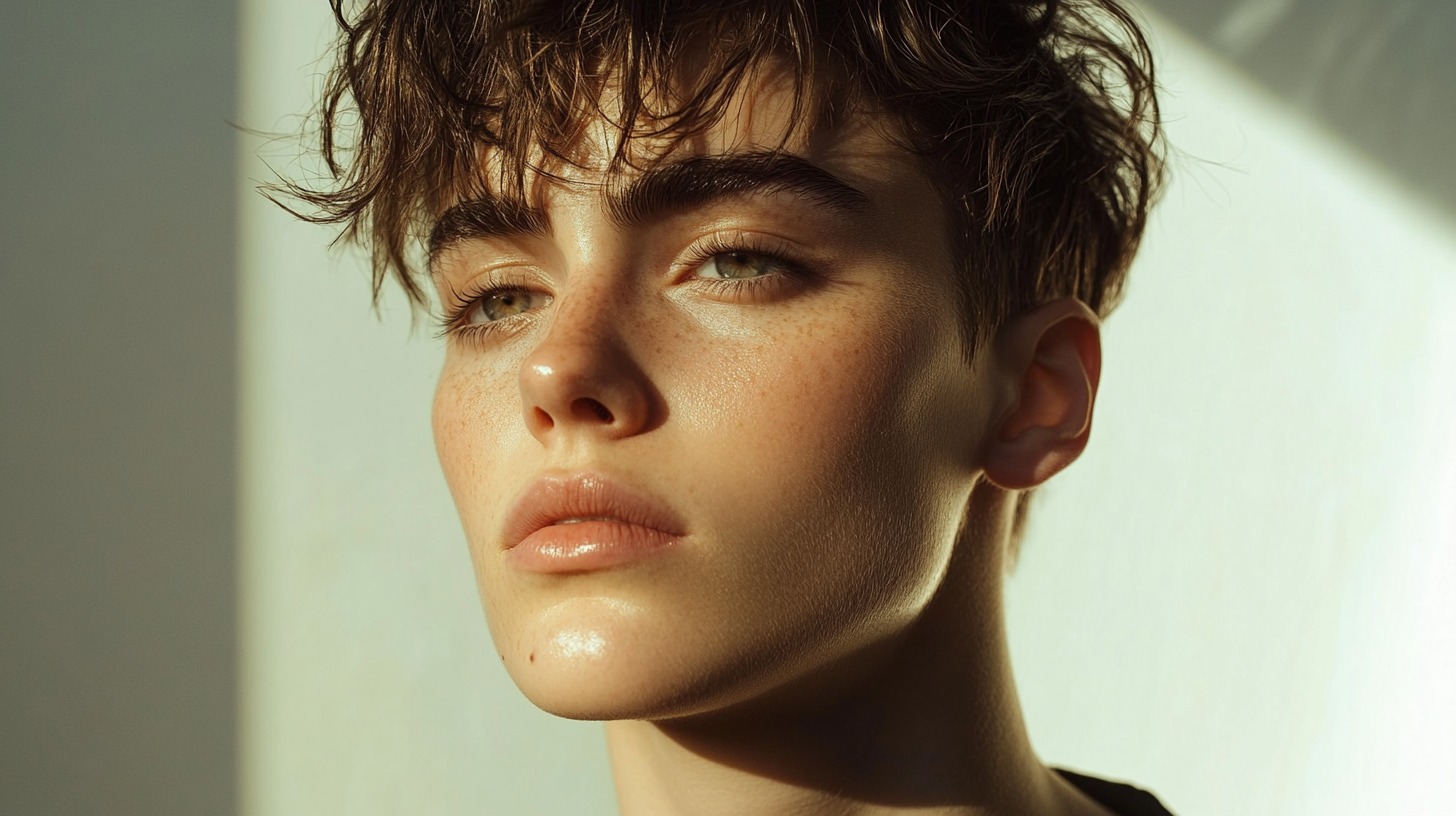  A close-up portrait of a person with short, tousled hair, soft freckles, and intense lighting on their face