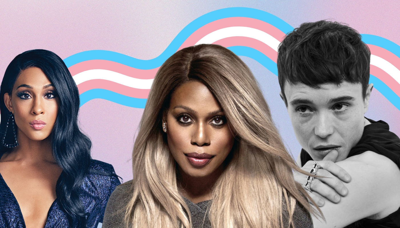 A collage featuring three transgender actors with a background incorporating the transgender pride flag in pastel blue, pink, and white