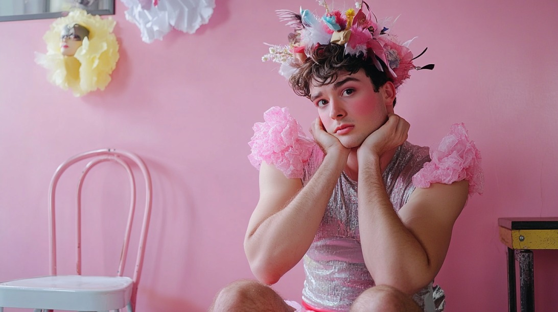 Person in sparkly pink outfit with feathered headpiece sitting against a pink wall