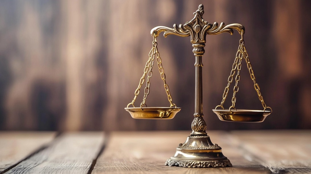 A brass balance scale on a wooden table symbolizing justice