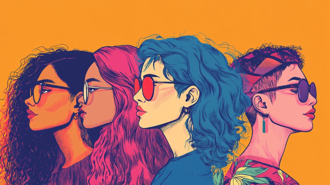 Colorful illustration of four diverse individuals in profile, each with unique hairstyles and sunglasses, set against an orange backgrou