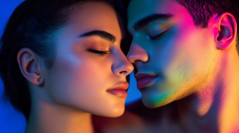 Close-up of a couple with closed eyes in colorful lighting, symbolizing unity and expression