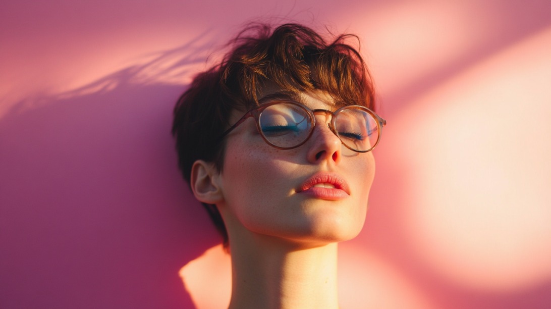 Person with short hair and glasses standing against a pink background with eyes closed, bathed in warm light