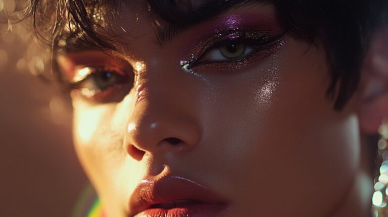 Close-up of a person with shimmering eye makeup and glossy lips, illuminated by dramatic lighting