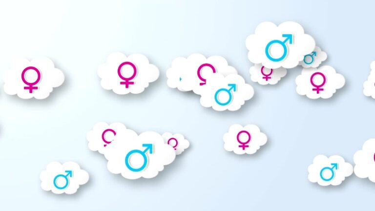 Various gender symbols surrounded by clouds, representing the concept of gender identity
