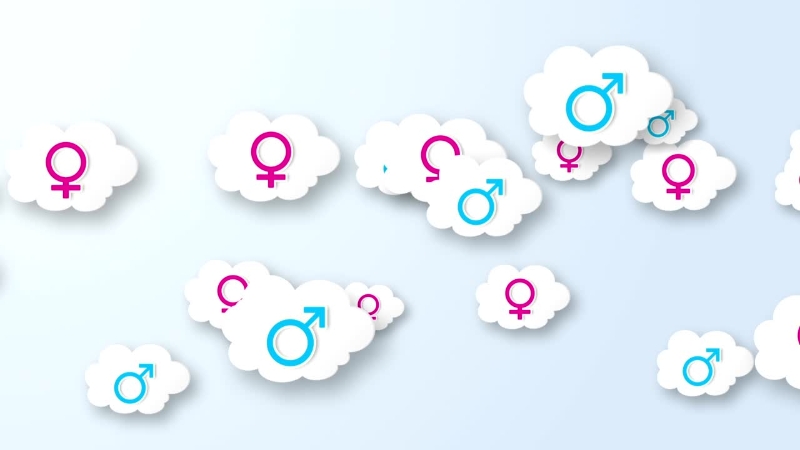 Various gender symbols surrounded by clouds, representing the concept of gender identity