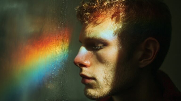 A person with short curly hair faces a rainbow reflection on glass, symbolizing the FLINTA community and queer inclusion