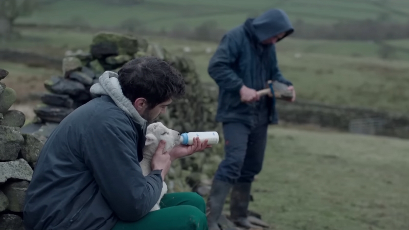 A young farmer feeds a lamb as another man works nearby in a rural scene from God’s Own Country (2017)