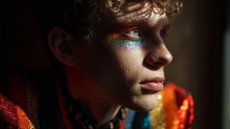 A person with short curly hair and rainbow glitter makeup across the cheek