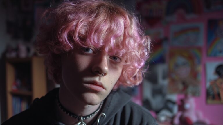 A person with pink curly hair sits in a colorful room, representing a bigender identity
