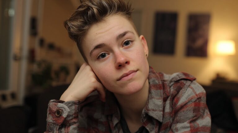 Person with short hair resting their head on their hand, looking thoughtful in a softly lit room