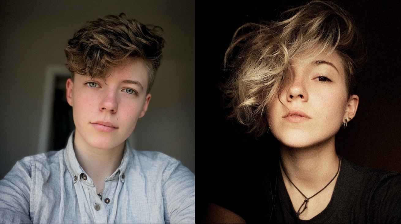 Side by side portraits of the same person with short styled hair in two different looks, one in soft daylight and one in dramatic low light