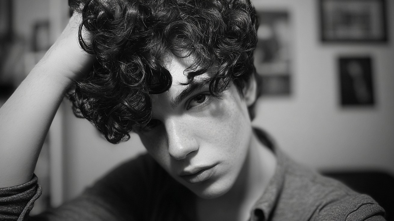 Black and white close up of a person with short curly hair resting their head on their hand and looking thoughtful