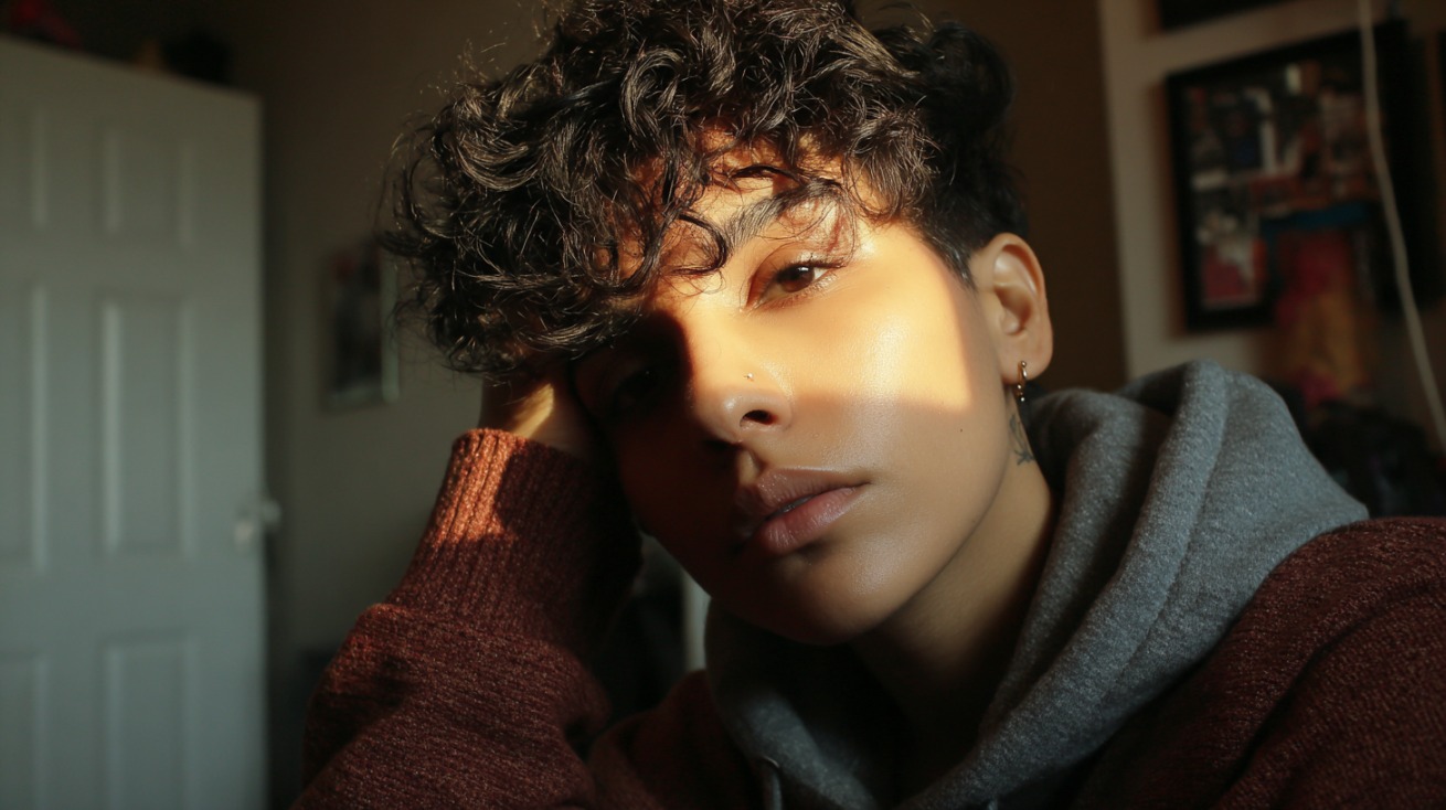 Close up of a person with short curly hair resting their head on their hand with warm sunlight across their face