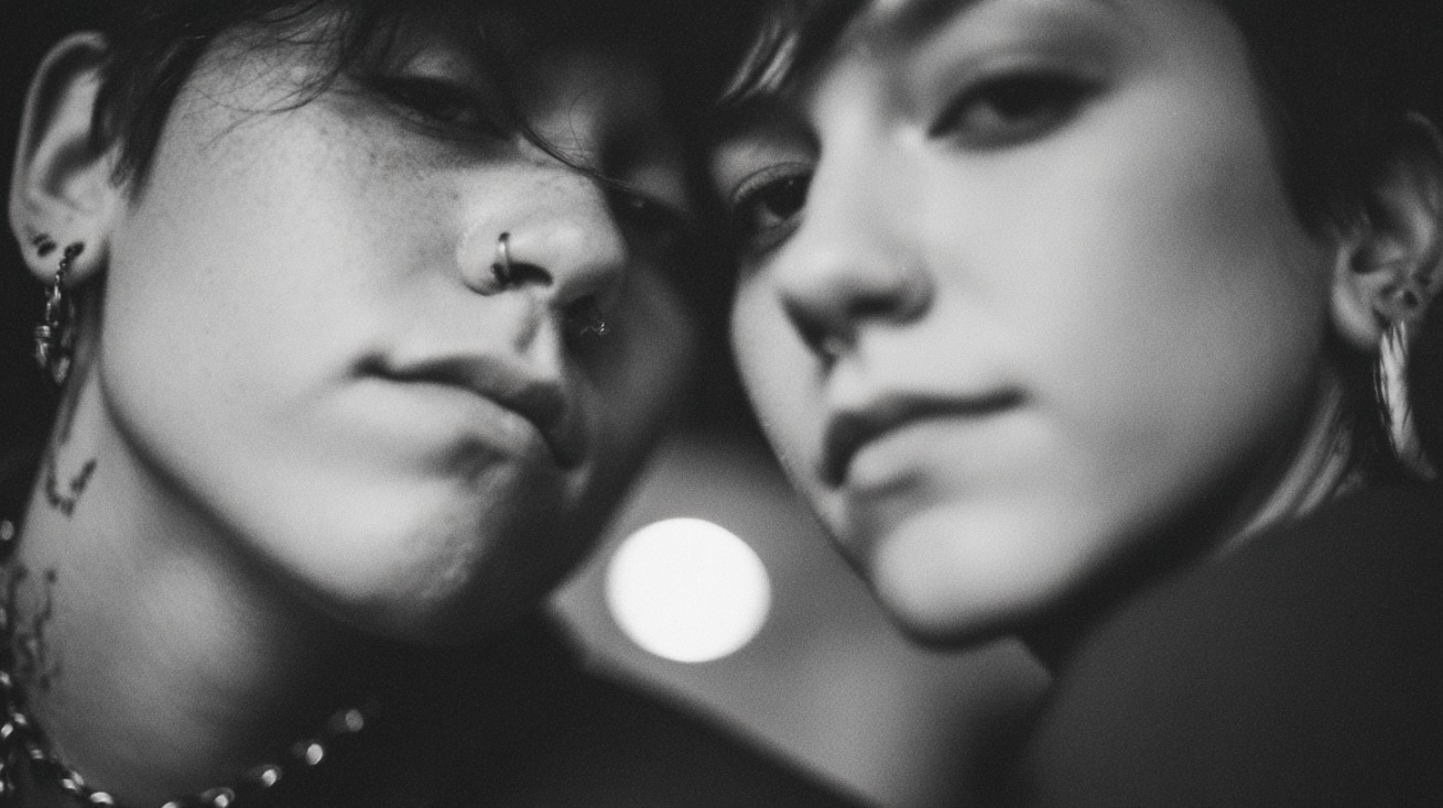 Black and white close up of two people with short hair and facial piercings leaning close together with calm expressions