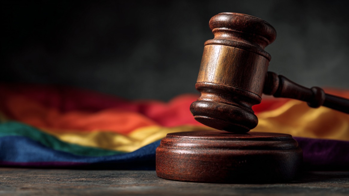 Judge’s gavel resting in front of a rainbow pride flag