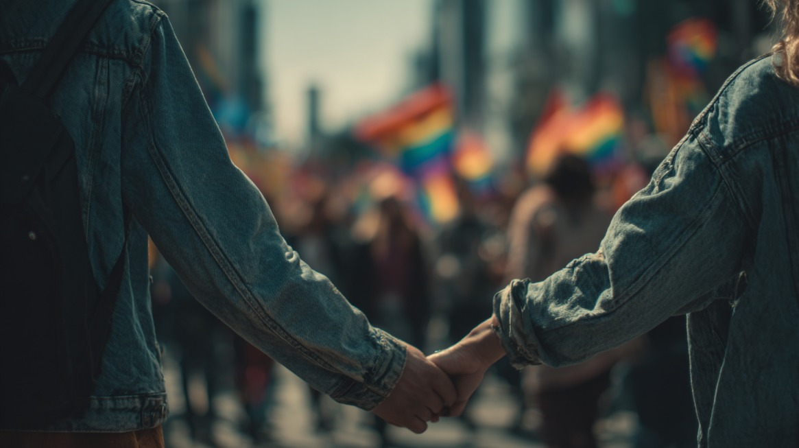Two people holding hands at a pride march with rainbow flags in the background