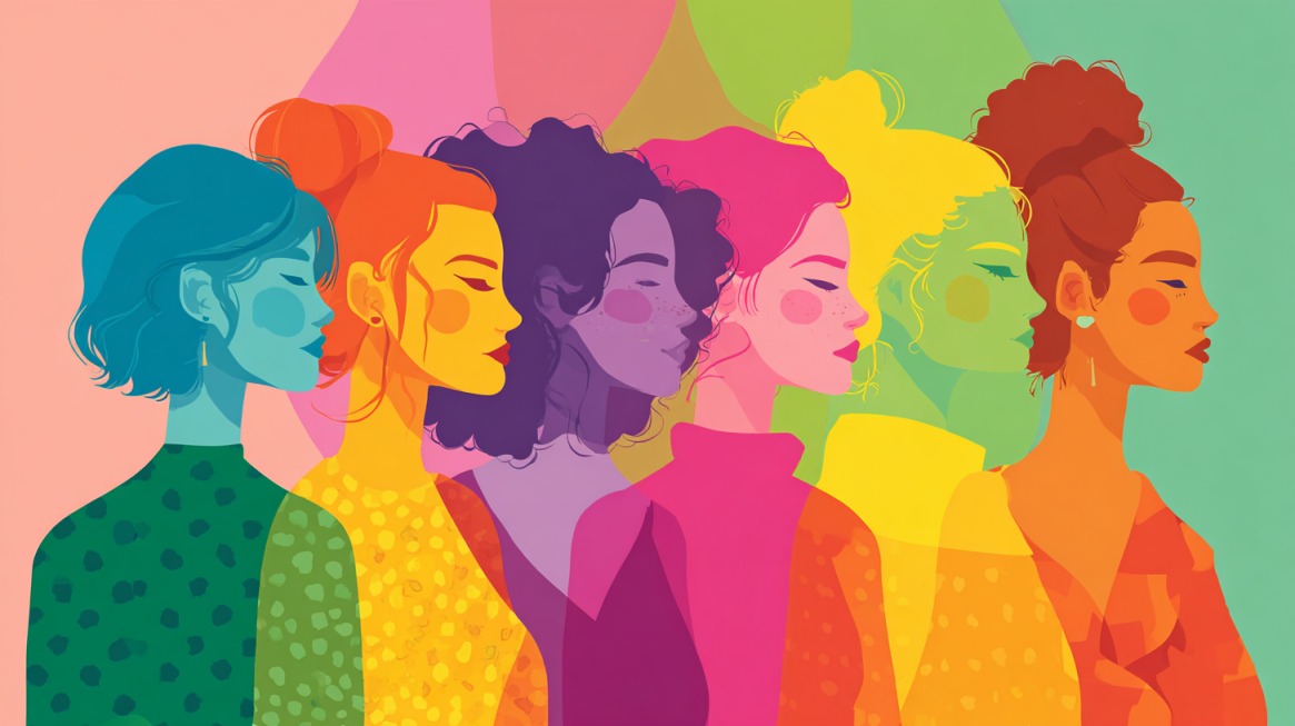 Colorful illustration of diverse women shown in overlapping side profiles