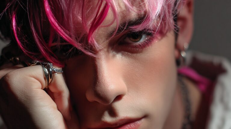 Close up portrait of a person with short pink hair and rings, resting their face on their hand and looking directly at the camera