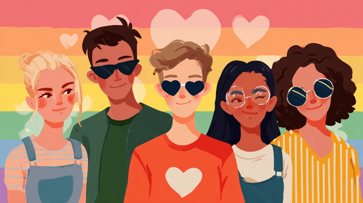 Illustration of diverse group of friends with rainbow pride background