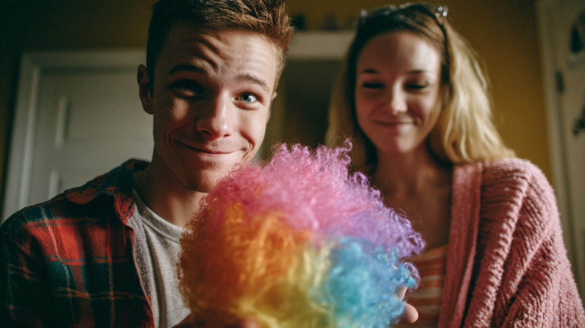 Two people smiling while holding a colorful wig indoors