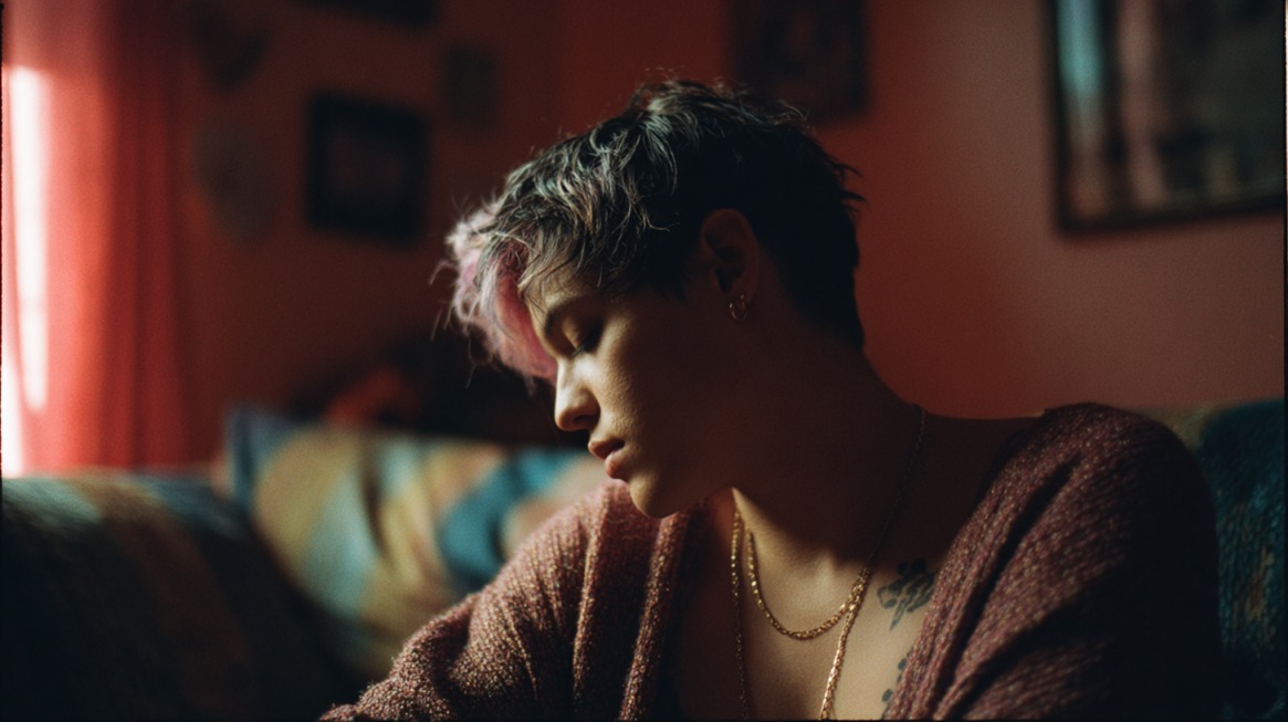 Person with short hair sitting indoors in soft light, looking down thoughtfully