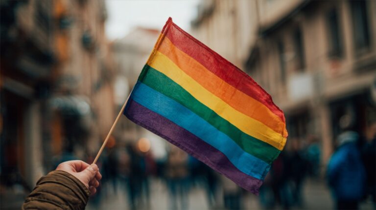 Person holding a rainbow pride flag on a city street