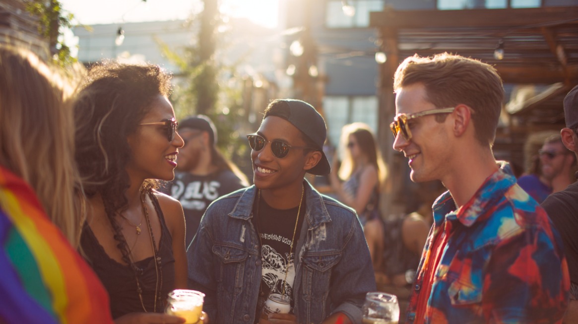 Group of friends talking and laughing at an outdoor gathering
