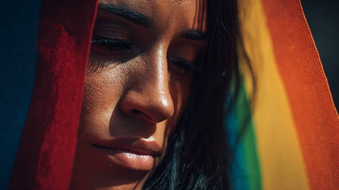 Close up of a person wrapped in a rainbow pride flag looking down thoughtfully