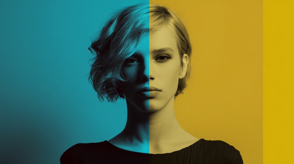 Split-color portrait of a person with contrasting blue and yellow tones