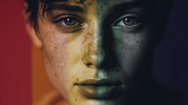 Split portrait of a person’s face with contrasting colors on each side