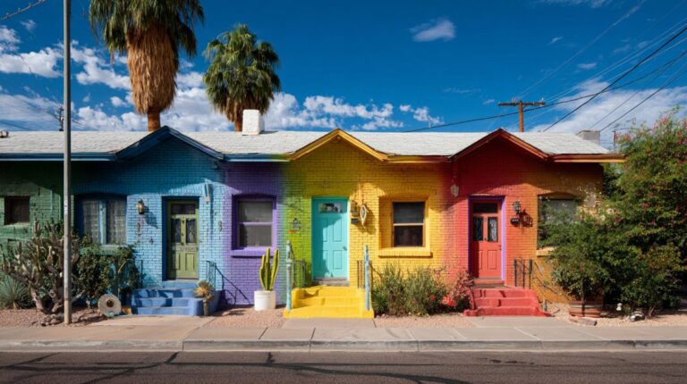 Row of brightly painted rainbow-colored houses in a Tucson neighborhood