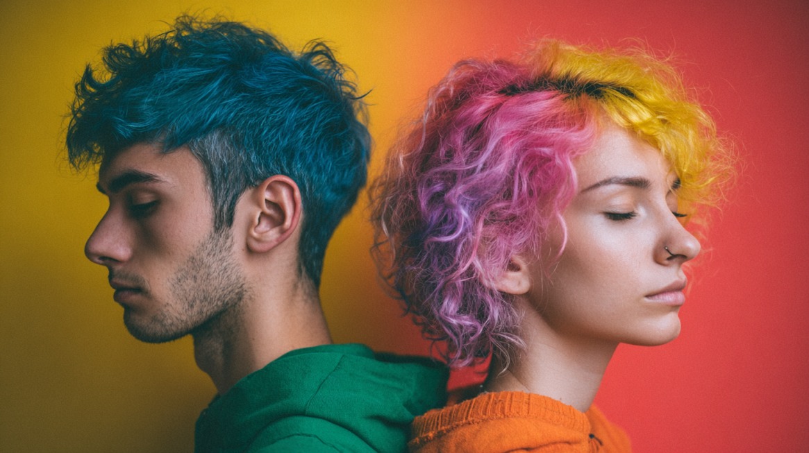 Two people with brightly colored hair standing back to back against a vibrant background