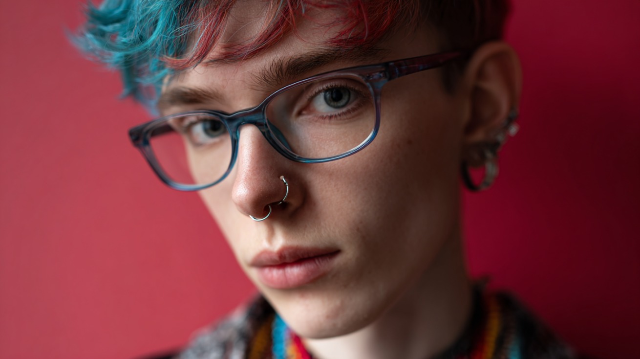 Close up portrait of a person with short teal and red hair wearing glasses and a nose ring against a bright pink background