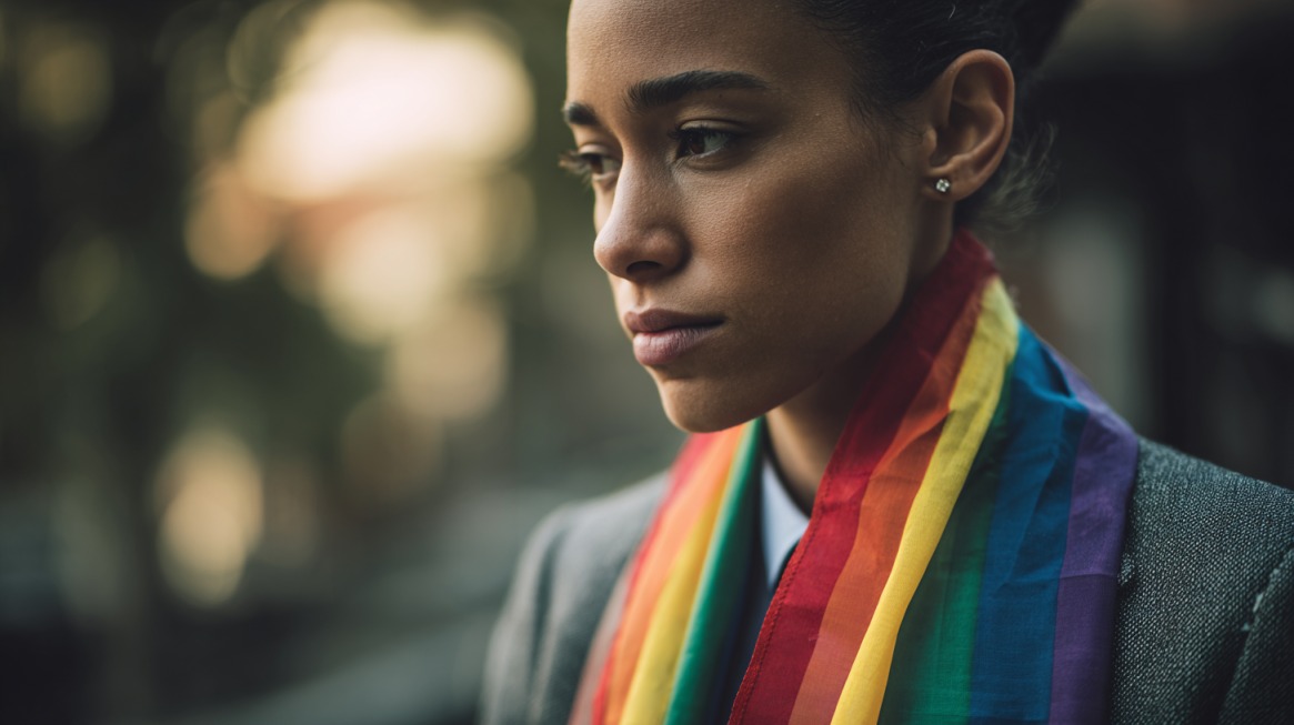 Person wearing a rainbow pride scarf looking thoughtful outdoors