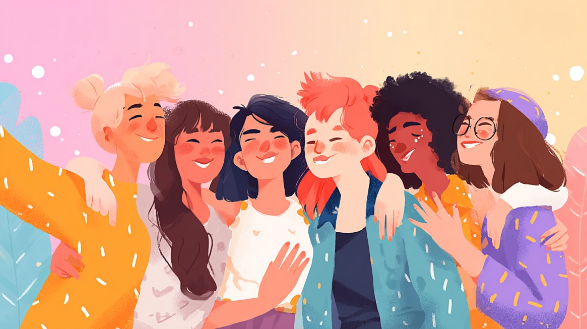 Illustration of diverse friends hugging and smiling together