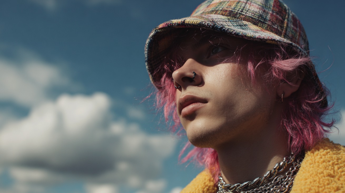 Portrait of a person with pink hair wearing a plaid bucket hat and layered necklaces, looking upward against a blue sky with clouds