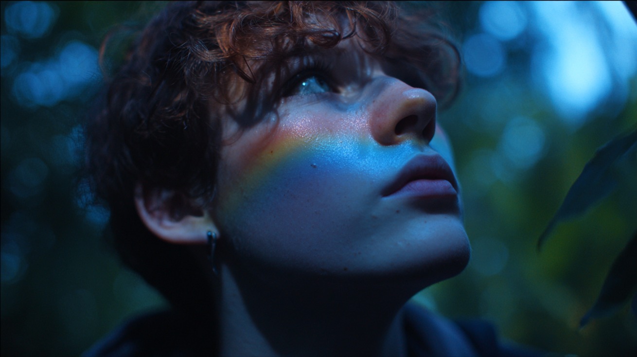 Close up of a person with short curly hair looking upward in a forest, with a rainbow light cast across their face