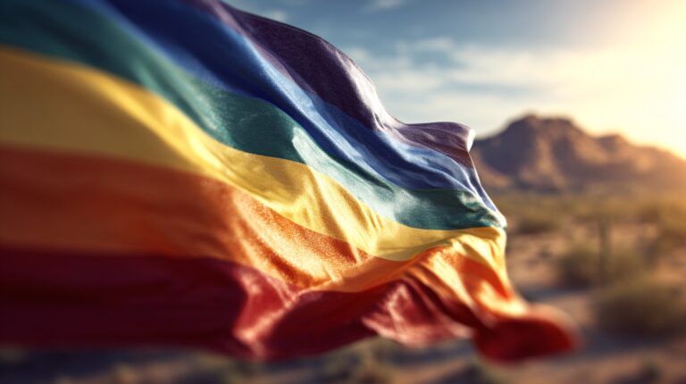 Rainbow pride flag waving outdoors with desert landscape in the background