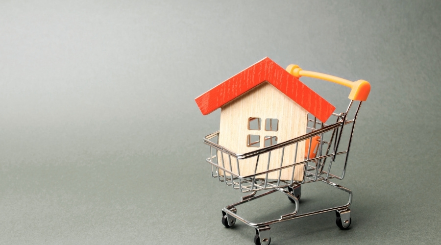 Miniature wooden house with a red roof inside a shopping cart, symbolizing the homebuying process.