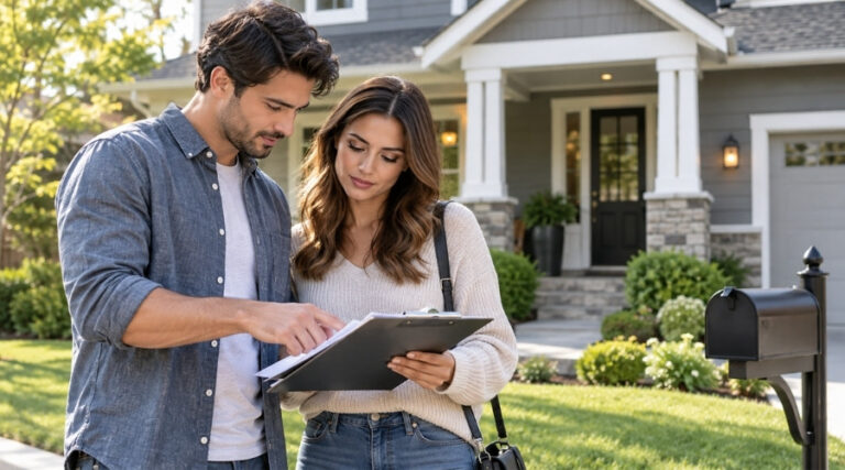 Unmarried couple reviewing homebuying documents together outside a suburban house before purchasing their first home.